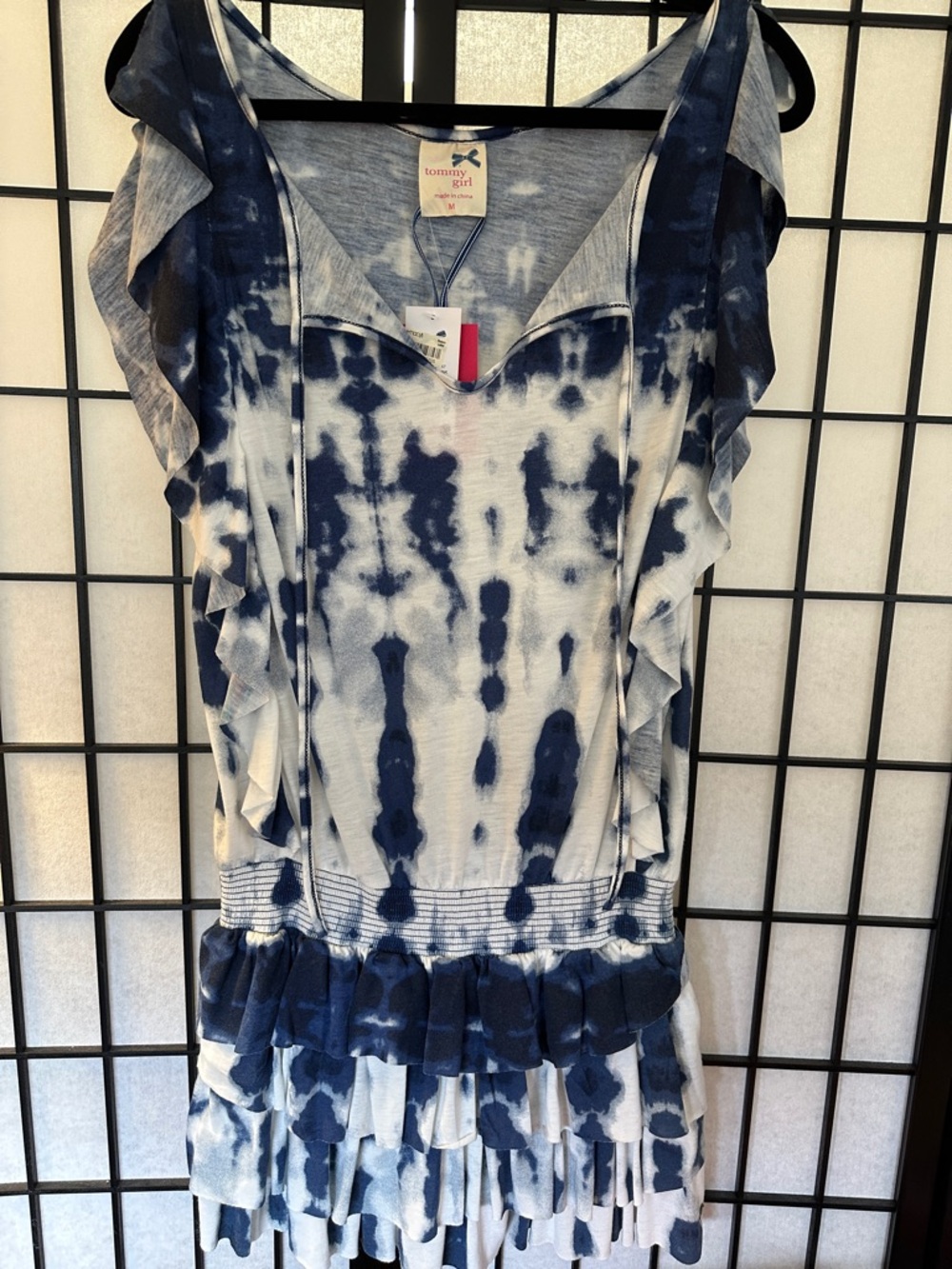 Tommy Hilfiger Navy and White Tie-Dye Ruffle Sleeve Top